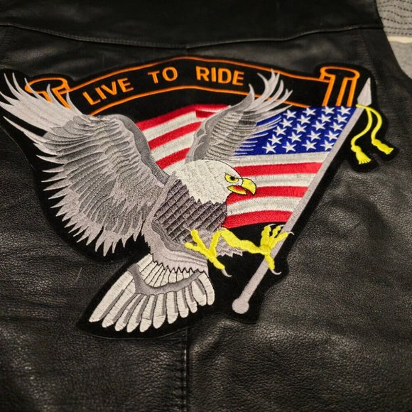 Leather FMC Motorcycle Riding Vest "Live To Ride" Patch sz 54 Black - Picture 3 of 6